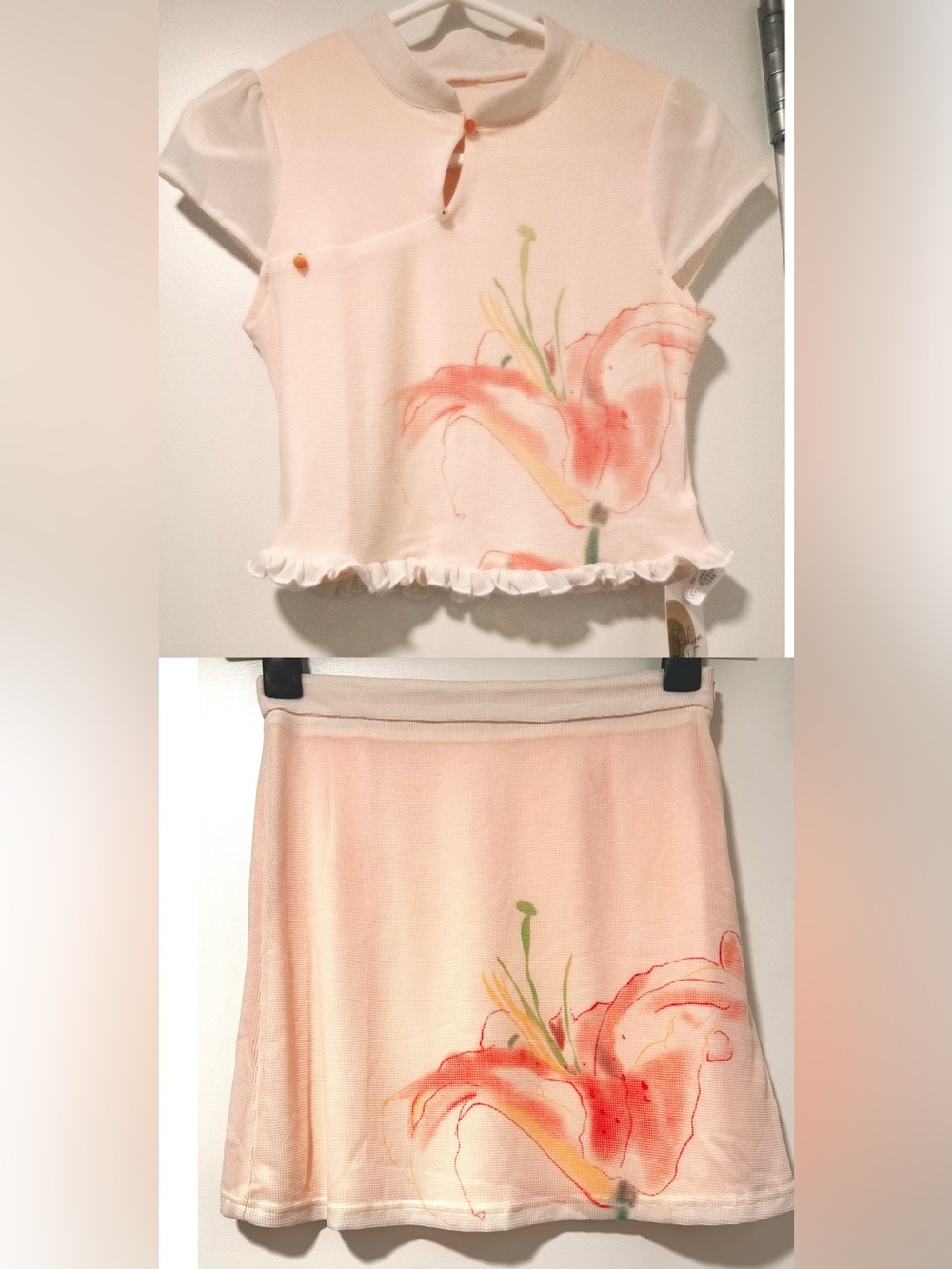Two Piece Set Pastel Pink Floral Asymmetrical Top